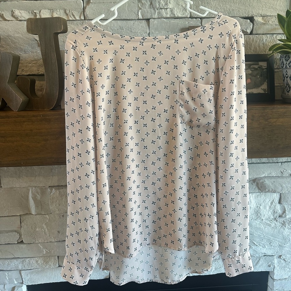 LOFT Cream and Blue Patterned Long Sleeve Top